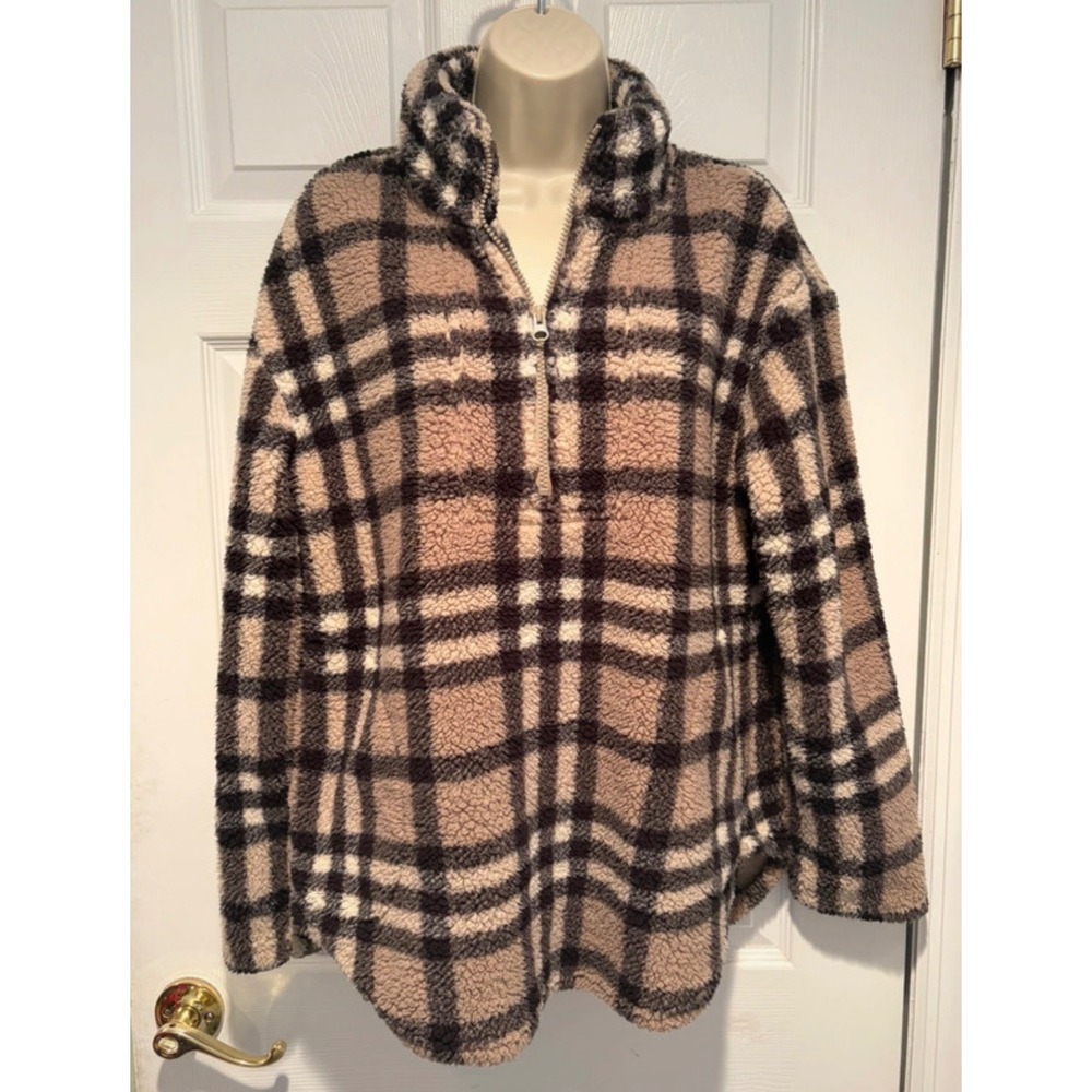 Koolaburra by UGG Women Plaid Sherpa Fleece Quarter Zip Pullover Tan A458762